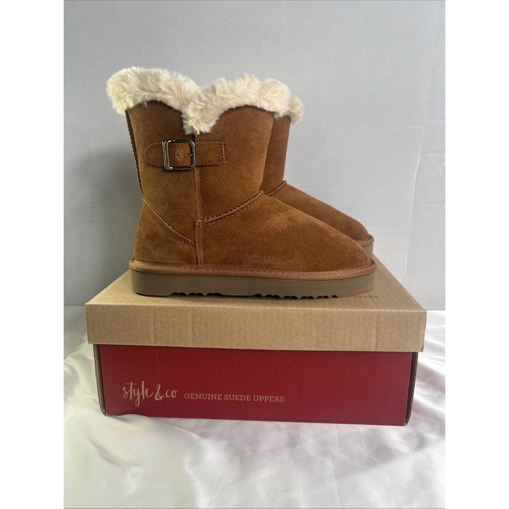 Style & Co Tiny2 Chestnut Genuine Suede Winter Boots Faux Leather w/ Box Size 6M